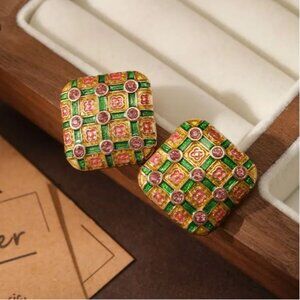 NEW Francine Vintage Style Pink and Green Enamel Square Earrings